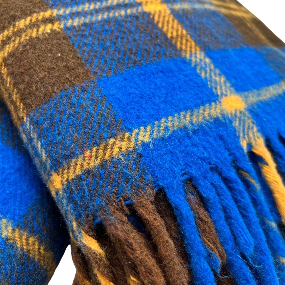 Pair VTG Wool Irish Tartan Plaid Throw Camp Blankets Blue Fringe Cabin Boy Bunk - Picture 2 of 8